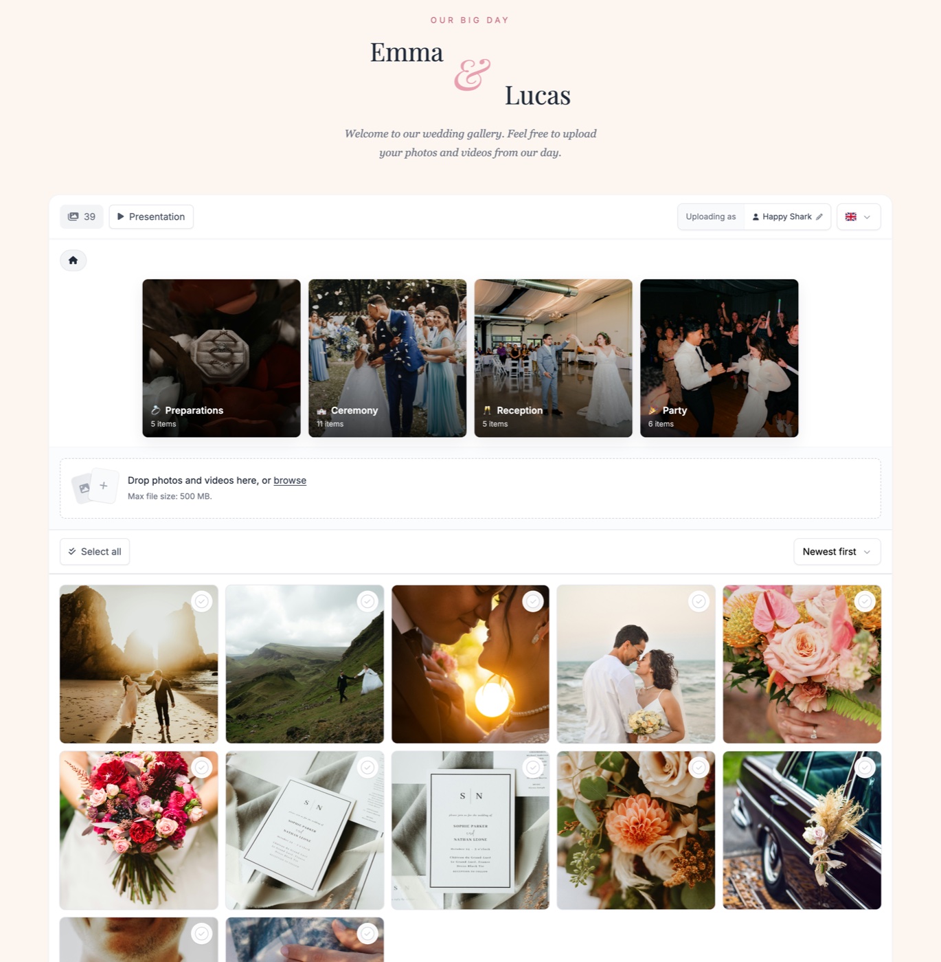 Real wedding gallery created with Bloomsy, showing guest photos organized by album