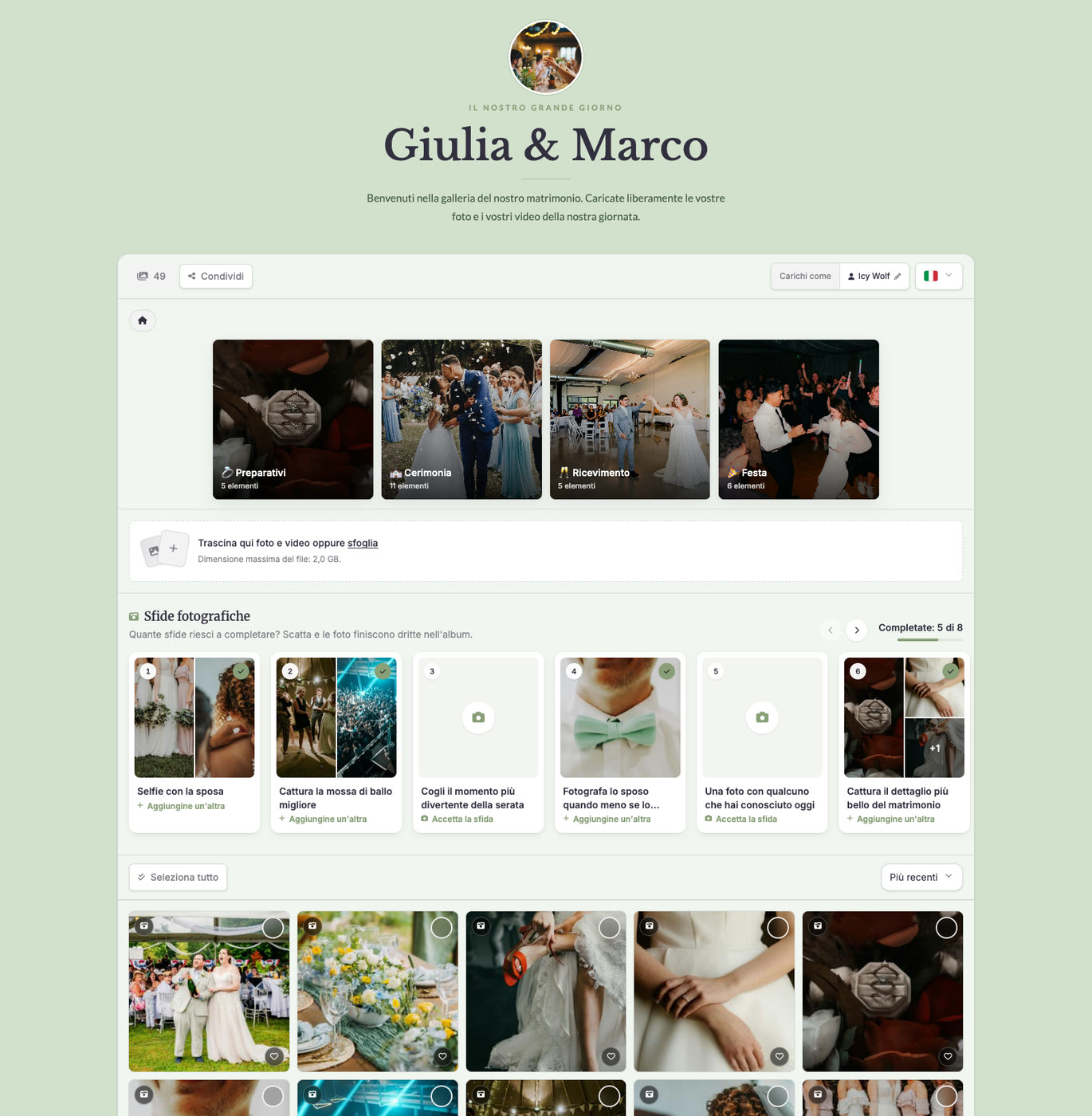 Galleria di un vero matrimonio creata con Bloomsy, con le foto degli ospiti organizzate in album